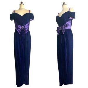 Amazing Vintage 80’s Purple Velvet Dress Satin Bow Svarowski Clasp Ruched Evenin